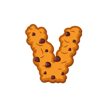 V letter cookies. Cookie font. Oatmeal biscuit alphabet symbol.