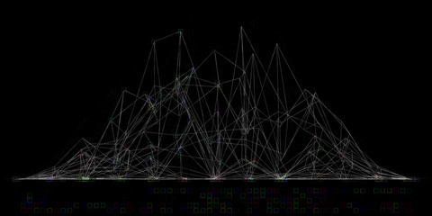 Poster - Abstract render 3d generated geometry forms with lines connected them. Detailed shapes composition with small particles.
