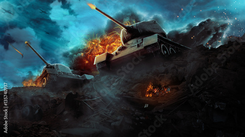 Obraz na plátně Two battle tanks in a hot flame