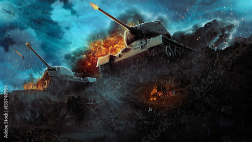 Papel de parede Two battle tanks in a hot flame