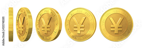 Fotomural Set of gold coins with yen sign isolated on a white background.
