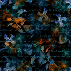 Wall Mural - night mysterious flowers, hand written letter text. black background. seamless pattern