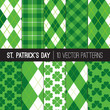 St Patrick's Day Patterns. Green Shamrocks, Argyle and Tartan Plaid Backgrounds. Luky Four-leaf and Three-leaf Clovers. Vector Pattern Tile Swatches Included.