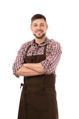 Handsome man in apron isolated on white background