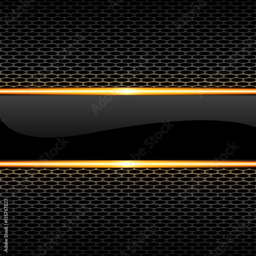 Abstract black glossy banner gold line on honeycomb mesh