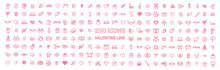 Happy Valentine Day Thin Line Flat Isolated Red 200 Icons Set On