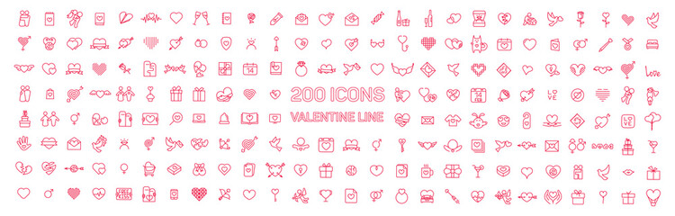 Happy Valentine day thin line flat isolated red 200 icons set on