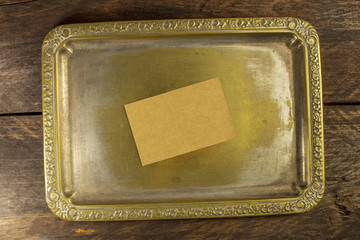 Wall Mural - Business card on vintage tray, blank for copyspace
