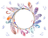 Fototapeta Boho - Watercolor colorful feathers frame with butterflies. Hand drawn wreath