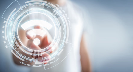 Poster - Businessman using free wifi hotspot interface 3D rendering