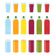 Set of Color plastic bottles of juice or soda with glasses and cans. Package design. Tasty drink, bottled lemonade or juice and cans. Vector illustration