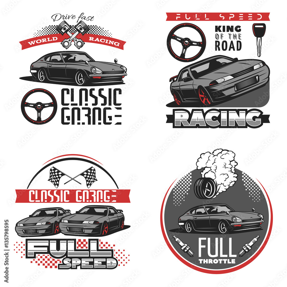 Set of car racing colored emblems, labels, logos and racing badges with ...