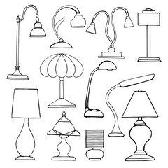 Set lamps isolated on white background. Vector illustration in a sketch style.