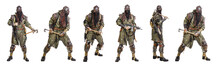 Set Of Nuclear Post Apocalypse Survivors With Homemade Weapons And Cold Steel On White Background. Life After Doomsday Concept