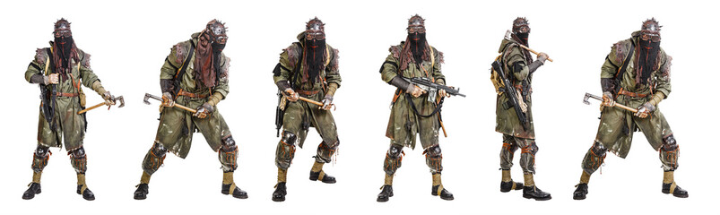 set of nuclear post apocalypse survivors with homemade weapons and cold steel on white background. l