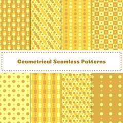 Set of yellow sunny backgrounds. Collection of geometrical seamless patterns. Vector illustration.