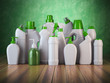 Natural green detergent bottles or containers. Cleaning supplies
