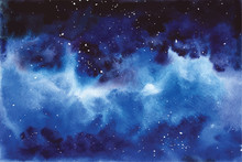 Watercolor Universe Sky, Stars, Deep Space Violet, Blue, Fantasy Background