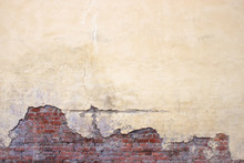 Old Brick Wall With Peeling Plaster, Grunge Background