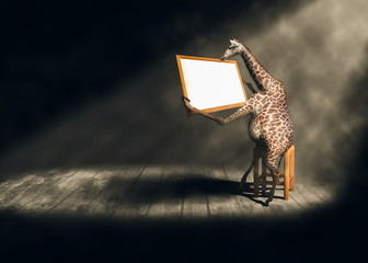 Giraffe sitting holding a board sign.Photo combination concept.