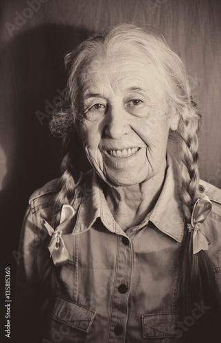 Old Woman With Long Gray Hair Black And White Buy This Stock