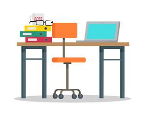 Poster - Workplace with Computer and Docs Flat Style Vector