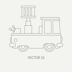 Wall Mural - Line flat plain vector icon service staff car with hydraulic lift. Commercial vehicle. Cartoon vintage style. Cargo transportation. Maintenance. Tow auto. Illustration and element for your design.