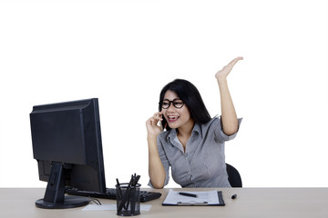 Wall Mural - Happy woman speaks on smartphone