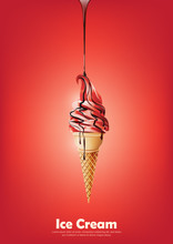 Red Ice Cream In The Cone, Pour Chocolate Syrup, Strawberry Raspberry Fruit Flavor, Transparent Vector