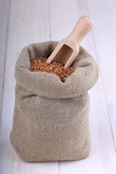 Fototapeta Storczyk - Buckwheat in sack with wooden scoop
