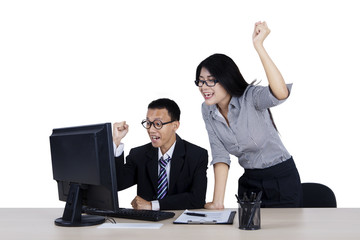 Wall Mural - Two business people raising hands