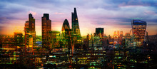 City Of London At Sunset,  Multiple Exposure Image With Night Lights Reflections. 