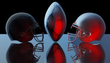 American football black and gray helmets and silver trophy ball on black dark background, 3d render