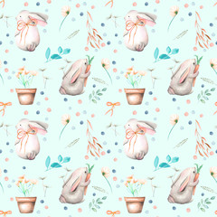 Wall Mural - Seamless pattern with watercolor rabbits, floral elements and flowers in a pots, hand drawn isolated on a tender blue background