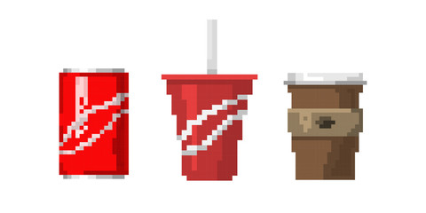 Pixel art fast drink cups vector illustration.