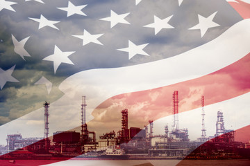 Wall Mural - Double exposure of USA. flag with industrial building