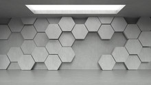 Empty Concrete Hexagons Pattern Room Interior With Light From Ceiling. 3D Rendering.