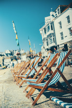 Empty Deck Chairs Along The St Ives Beach In The Harbour Front.