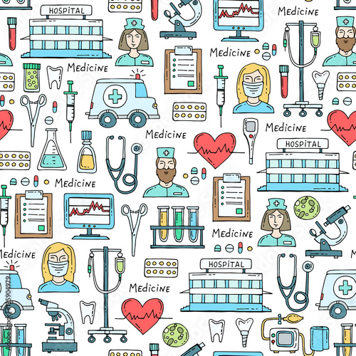 Cuadros en Lienzo Vector pattern with hand drawn colored symbols of hospital, pharmacy
