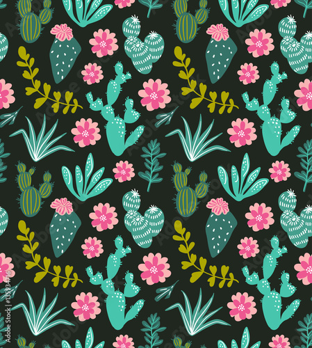 Succulents Cacti Plant Vector Seamless Pattern Botanical Green Desert Flora Fabric Print Home Garden Cartoon Cactuses And Tropical Flowers For Wallpaper Curtain Tablecloth Buy This Stock Vector And Explore Similar Vectors