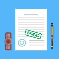 Poster - approved document with stamp and pen. approved application concepts. top view. premium quality. mode