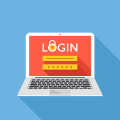 Poster - Laptop with login page on screen. Sign in, registration, authorization, enter login and password concepts. Modern graphic design. Flat design vector illustration