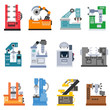 machines for production icons set. Machine for the processing of various materials, flat design. isolated vector illustration