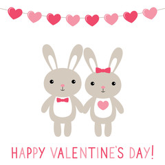 Wall Mural - Valentine’s Day card with bunnies couple, vector card