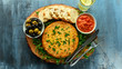 © grinchh - Spanish classic tortilla with potatoes, olives, tomatoes, rucola, bread and herbs.