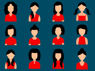 Wall Mural - Avatar girls icons set in flat style. Vector.