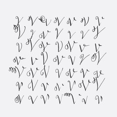 Fototapete - Vector set of calligraphic letters V, handwritten with pointed nib, decorated with flourishes and decorative elements. Isolated on grey black imperfect letters sequence. Various shapes collection.