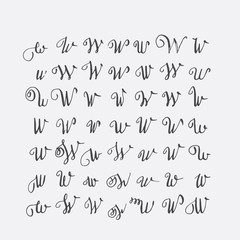 Fototapete - Vector set of calligraphic letters W, handwritten with pointed nib, decorated with flourishes and decorative elements. Isolated on grey black imperfect letters sequence. Various shapes collection.