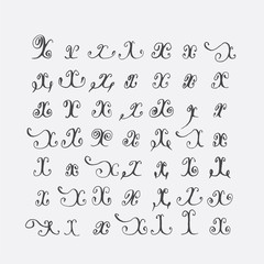 Fototapete - Vector set of calligraphic letters X, handwritten with pointed nib, decorated with flourishes and decorative elements. Isolated on grey black imperfect letters sequence. Various shapes collection.