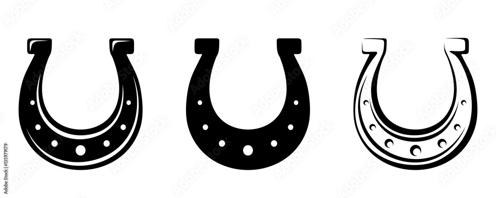 Set of three vector black silhouettes of horseshoes isolated on a white background. - obrazy, fototapety, plakaty 